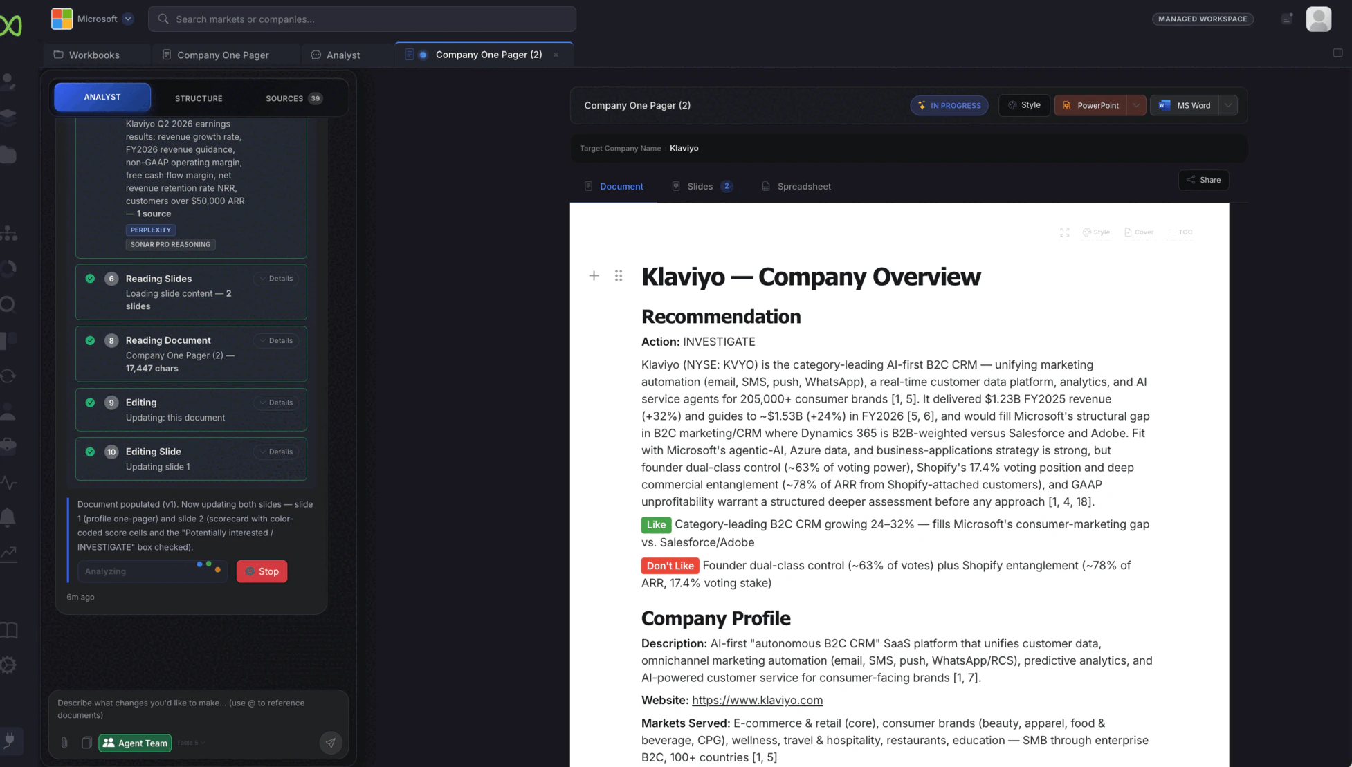 The AI Analyst working through a company one-pager, its reasoning steps visible alongside the document
