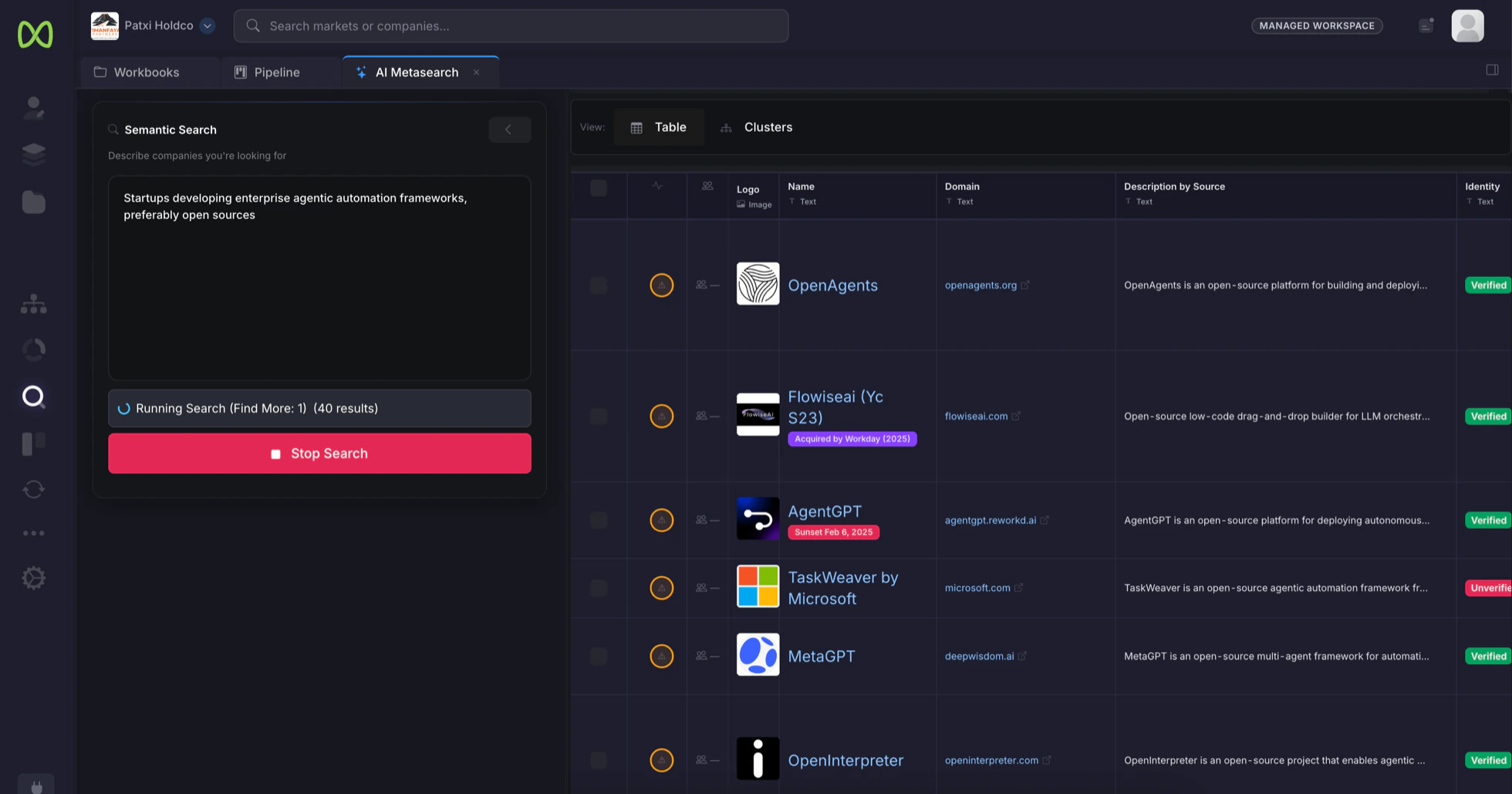 A semantic target search running live, with matched companies streaming into a table of logos, domains, source descriptions and verified identities