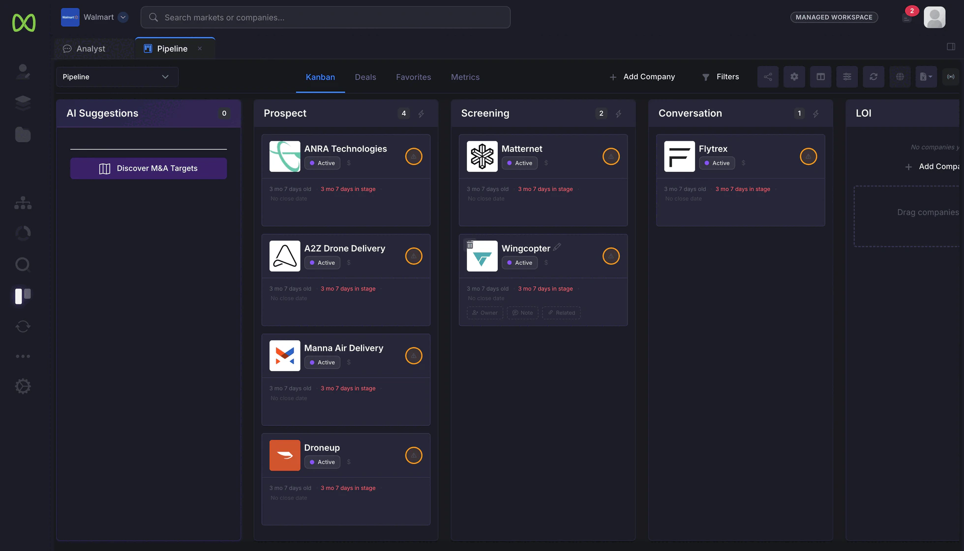 A deal pipeline kanban with AI-enriched company cards moving through stages
