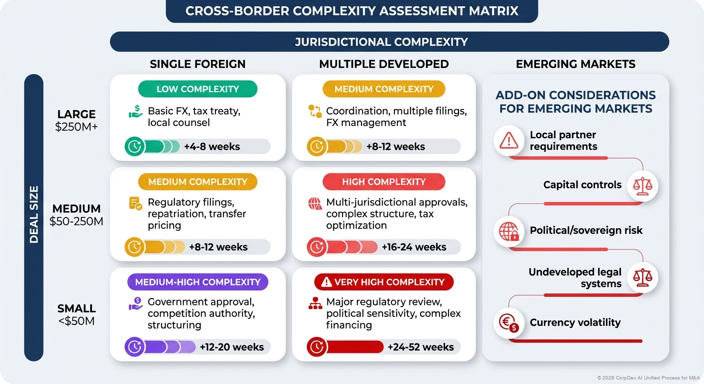 Cross-Border Complexity Matrix - Heat map showing complexity levels across different dimensions (regulatory, tax, cultural, operational) for various target countries and regions