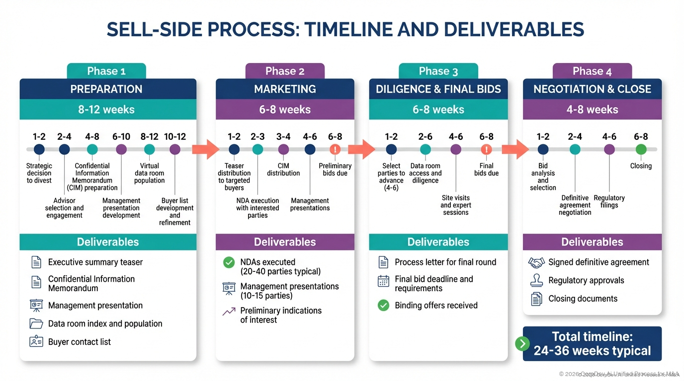 Divestiture Process Timeline - Gantt chart showing key phases and milestones in a typical divestiture from strategic review through closing and transition