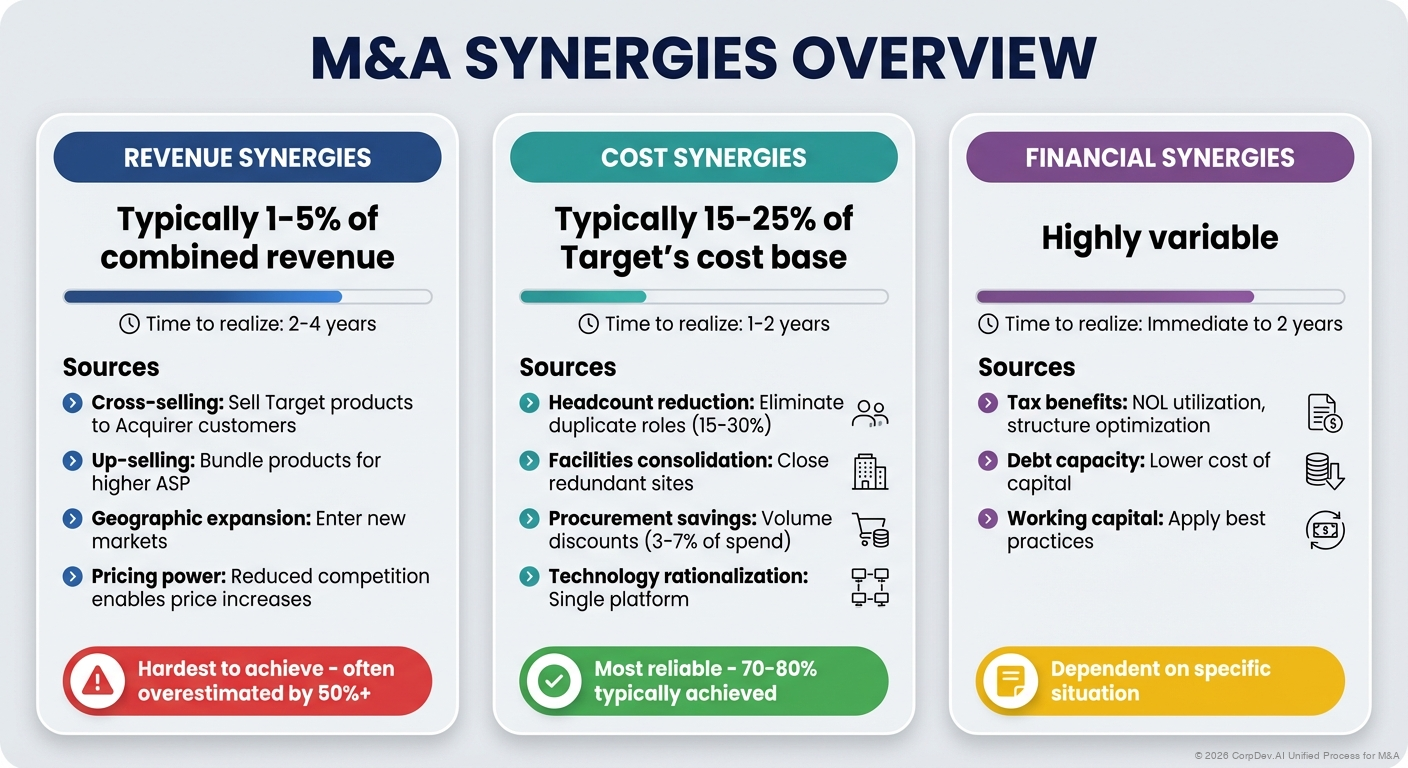 Synergy Types and Typical Ranges - Three sections showing Revenue Synergies (1-5% of combined revenue), Cost Synergies (15-25% of target cost base), and Financial Synergies with time to realize and sources