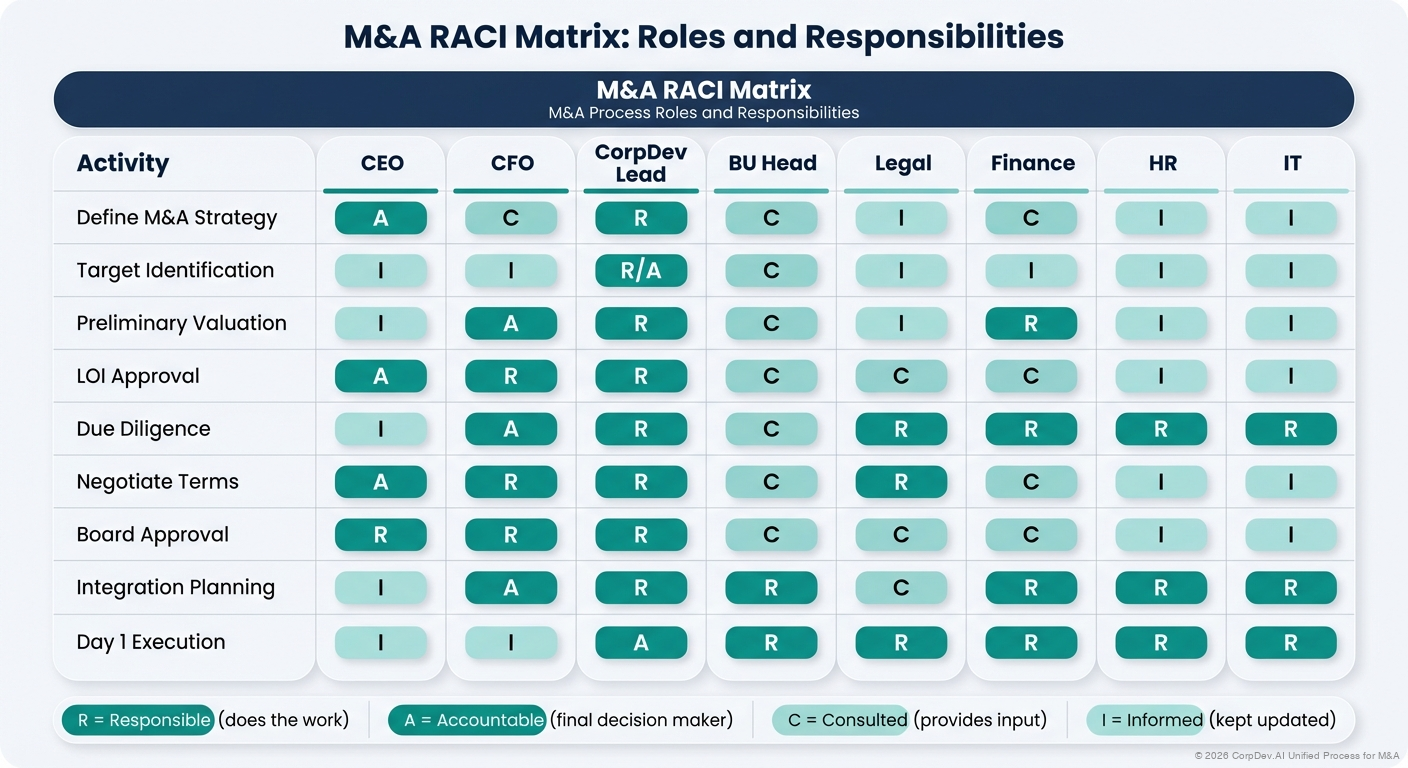 RACI Matrix for M&A Process - Detailed matrix showing Responsible, Accountable, Consulted, and Informed roles across M&A activities for CEO, CFO, CorpDev Lead, BU Head, Legal, Finance, HR, and IT