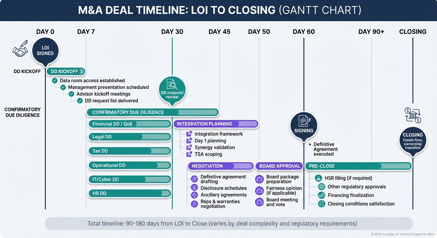 LOI to Definitive Agreement Timeline - Visual timeline showing key milestones from LOI signing through due diligence, negotiation, and definitive agreement execution with typical durations